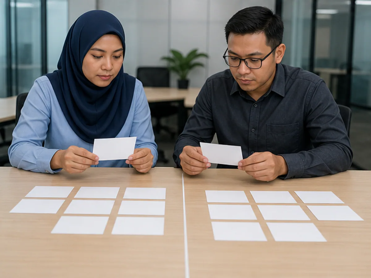 Dua rakan sekerja mengasingkan fakta dicatat daripada kad belum dijawab