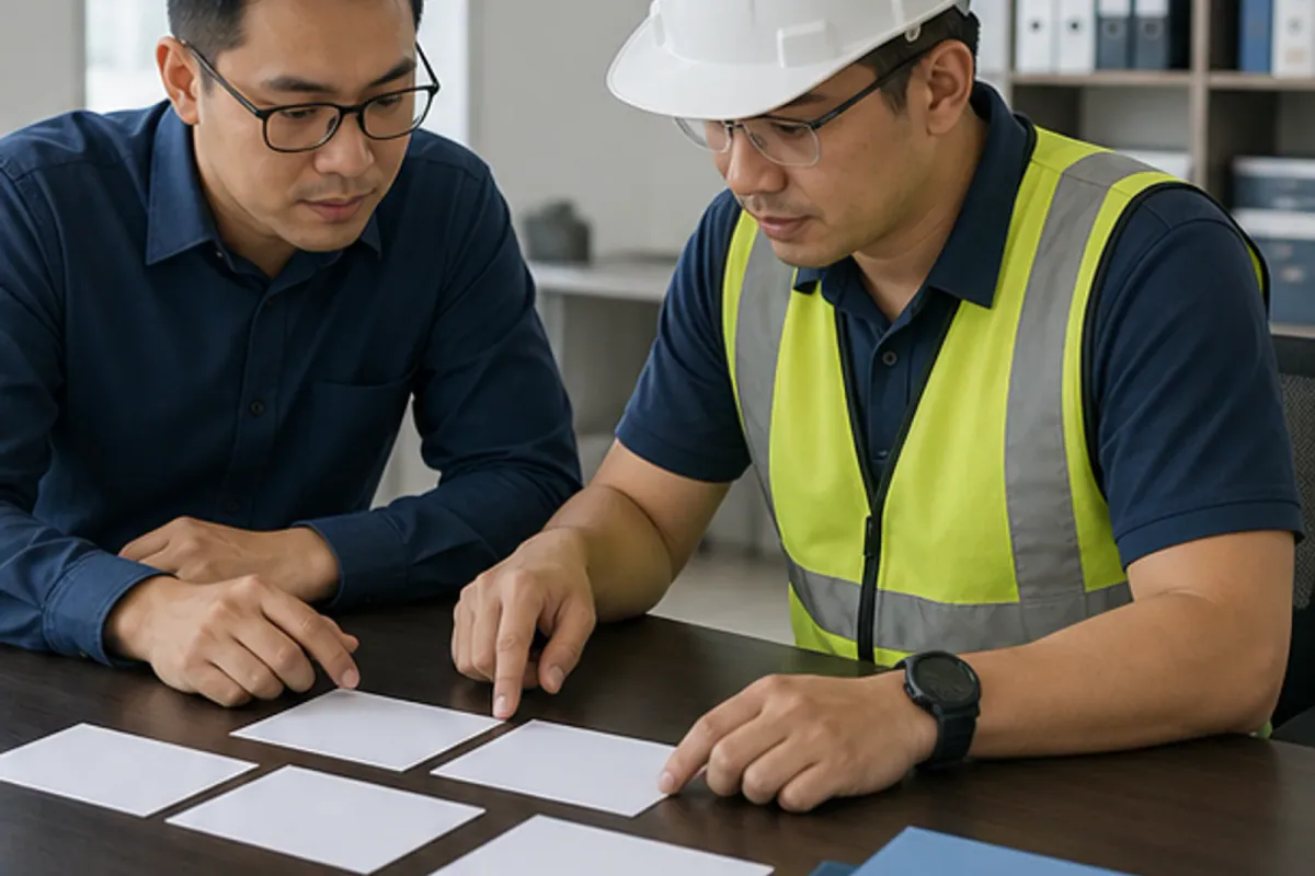 Rakan procurement dan gudang menyemak kad status kosong